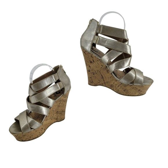 Y2K Guess Platform Heels 8.5 Gold Cork Strappy Open Toe Vegan Faux Leather Glam - Picture 1 of 13